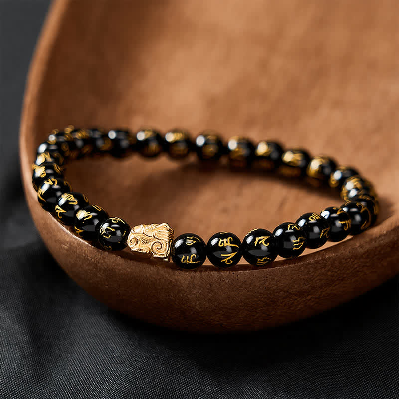 Buddha Stones Black Onyx Om Mani Padme Hum Bead Alloy Pi Xiu Strength Bracelet - image 3