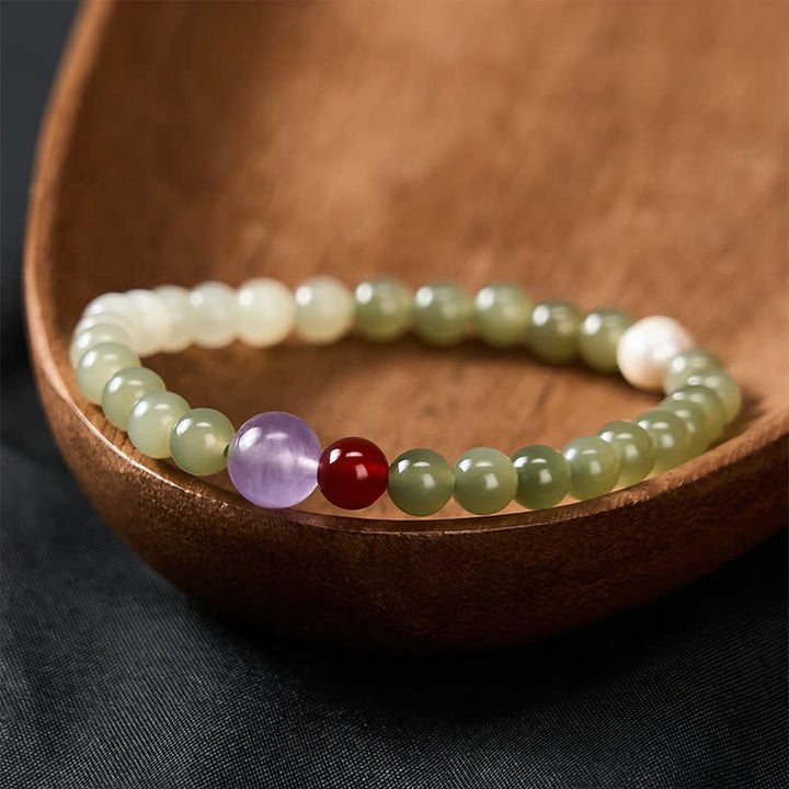Buddha Stones Natural Hetian Jade Luck Gradient Round Bead Bracelet - Hetian Jade(Wrist Circumference: 5.5–5.9 in/14–15 cm) - image 0