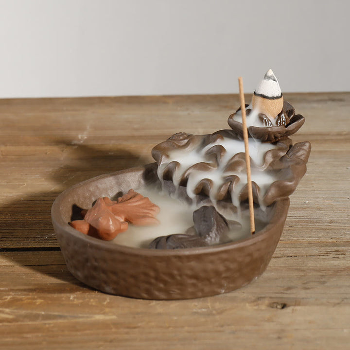 Buddha Stones Purple Clay Koi Fish Lotus Peace Backflow Incense Burner - image 2
