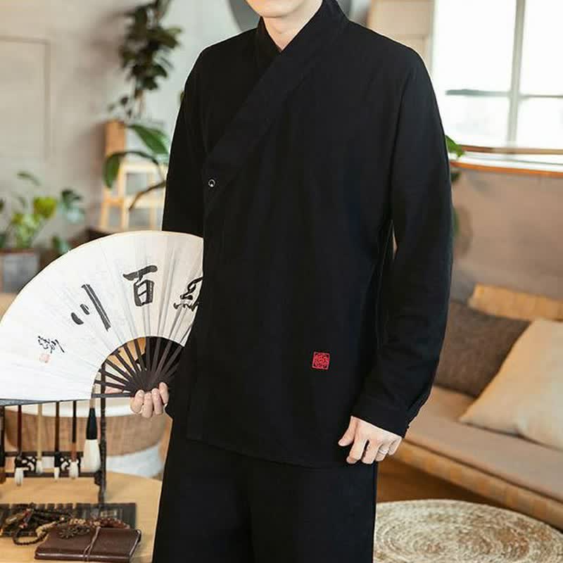 Buddha Stones Fall Tang Style Minimalist Mandarin Collar Solid Men's Long Sleeve Shirts - Black - US/UK/AU48, EU58 (5XL) - image 0