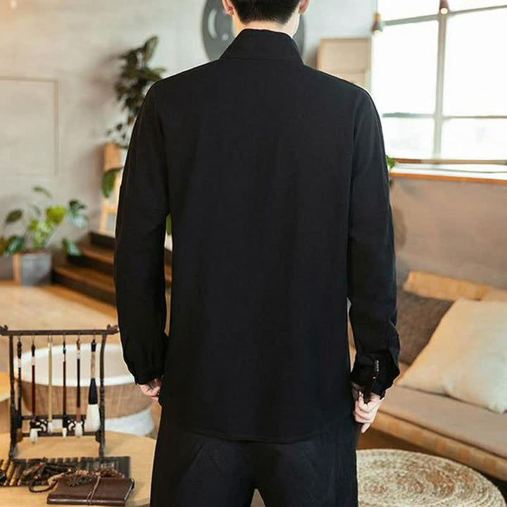 Buddha Stones Fall Tang Style Minimalist Mandarin Collar Solid Men's Long Sleeve Shirts - image 3