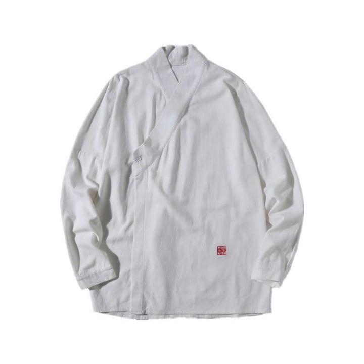 Buddha Stones Fall Tang Style Minimalist Mandarin Collar Solid Men's Long Sleeve Shirts - image 19
