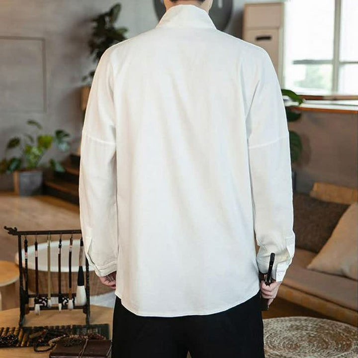 Buddha Stones Fall Tang Style Minimalist Mandarin Collar Solid Men's Long Sleeve Shirts - image 11