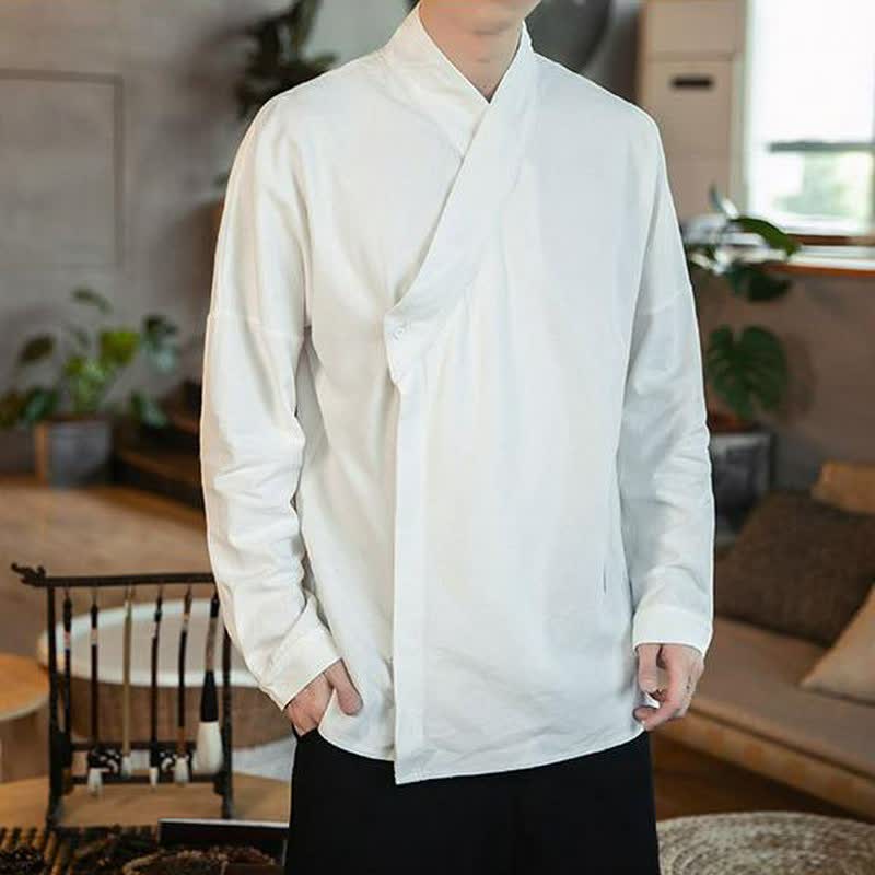 Buddha Stones Fall Tang Style Minimalist Mandarin Collar Solid Men's Long Sleeve Shirts - image 8