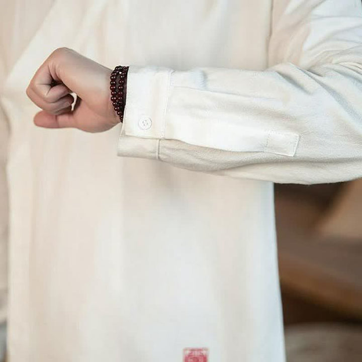 Buddha Stones Fall Tang Style Minimalist Mandarin Collar Solid Men's Long Sleeve Shirts - image 17