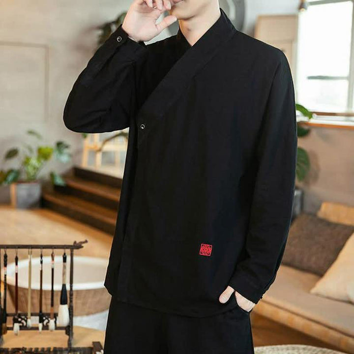Buddha Stones Fall Tang Style Minimalist Mandarin Collar Solid Men's Long Sleeve Shirts - image 4