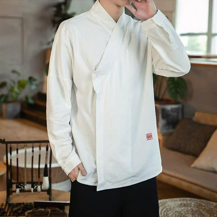 Buddha Stones Fall Tang Style Minimalist Mandarin Collar Solid Men's Long Sleeve Shirts - image 12