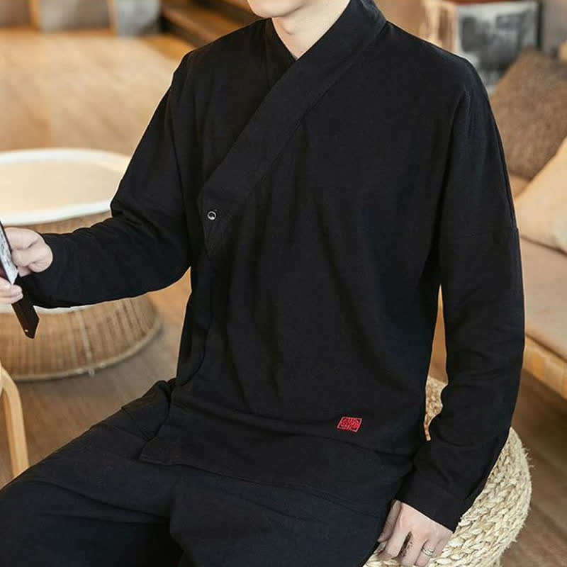Buddha Stones Fall Tang Style Minimalist Mandarin Collar Solid Men's Long Sleeve Shirts - image 6