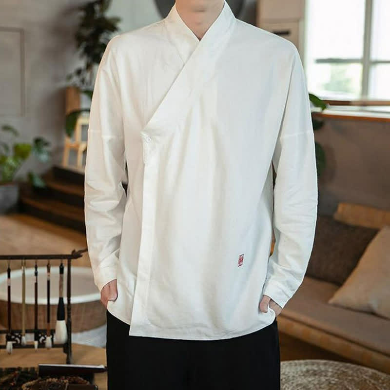 Buddha Stones Fall Tang Style Minimalist Mandarin Collar Solid Men's Long Sleeve Shirts - image 13