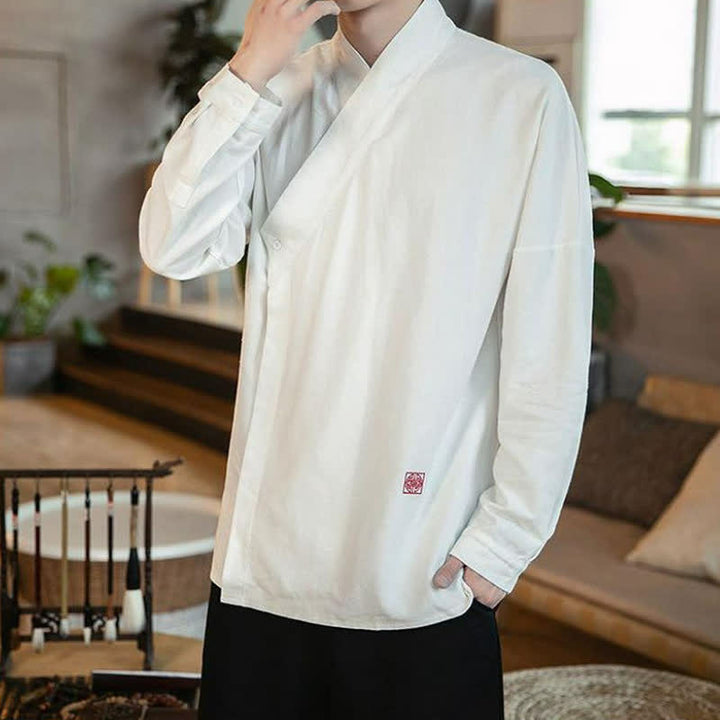 Buddha Stones Fall Tang Style Minimalist Mandarin Collar Solid Men's Long Sleeve Shirts - image 9
