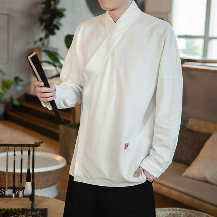 Buddha Stones Fall Tang Style Minimalist Mandarin Collar Solid Men's Long Sleeve Shirts - image 10