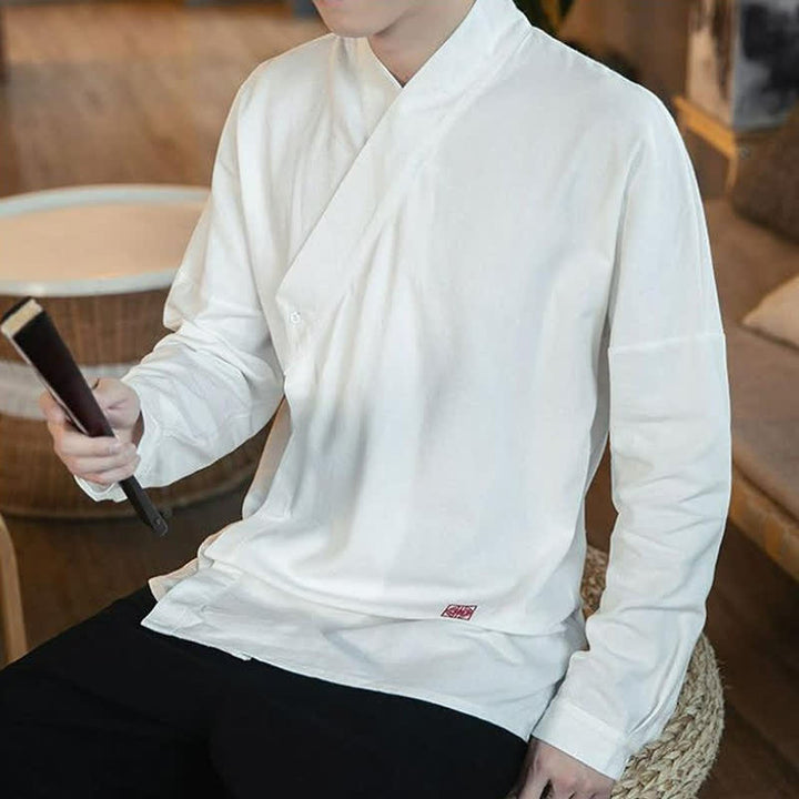 Buddha Stones Fall Tang Style Minimalist Mandarin Collar Solid Men's Long Sleeve Shirts - image 14