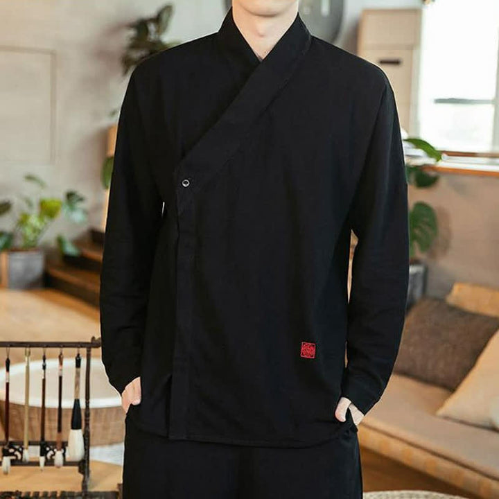Buddha Stones Fall Tang Style Minimalist Mandarin Collar Solid Men's Long Sleeve Shirts - image 1