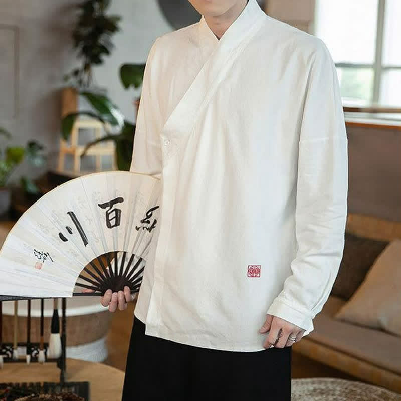 Buddha Stones Fall Tang Style Minimalist Mandarin Collar Solid Men's Long Sleeve Shirts - White - US/UK/AU48, EU58 (5XL) - image 7