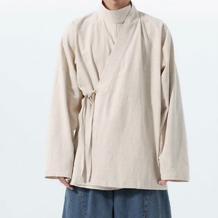 Buddha Stones Fall Winter Casual Tang Style Mandarin Collar Solid Cotton Long Sleeve Men's Kimonos - Beige - US/UK/AU46，EU56 (5XL) - image 13