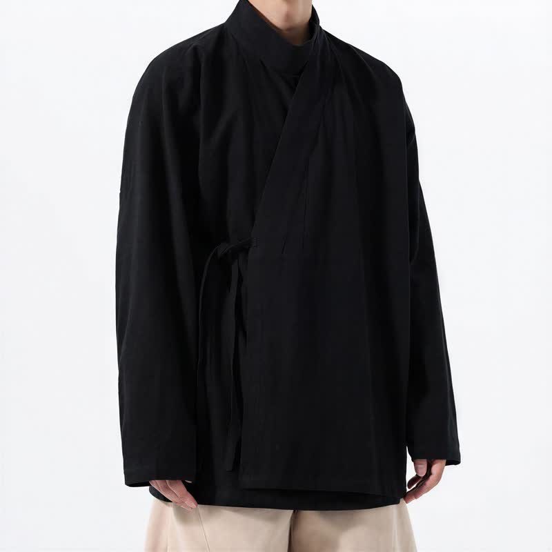 Buddha Stones Fall Winter Casual Tang Style Mandarin Collar Solid Cotton Long Sleeve Men's Kimonos - image 9