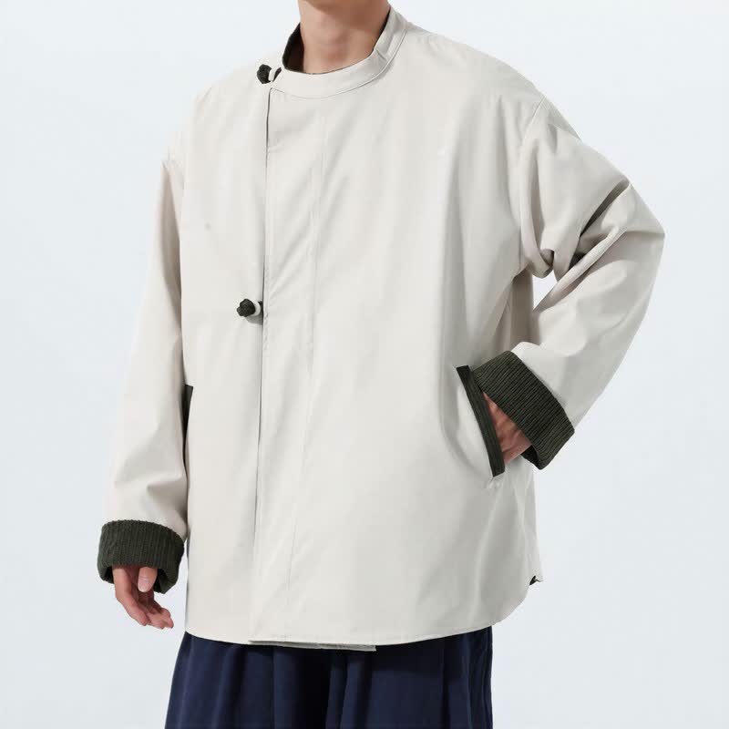 Buddha Stones Fall Winter Casual Tang Style Mandarin Collar Solid Corduroy Reversible Men's Jackets With Pocket - image 5