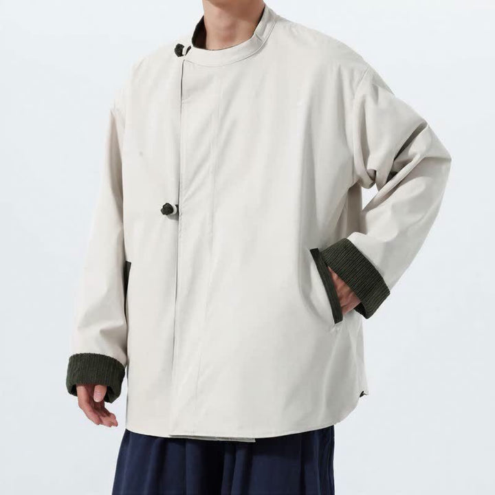 Buddha Stones Fall Winter Casual Tang Style Mandarin Collar Solid Corduroy Reversible Men's Jackets With Pocket - image 5