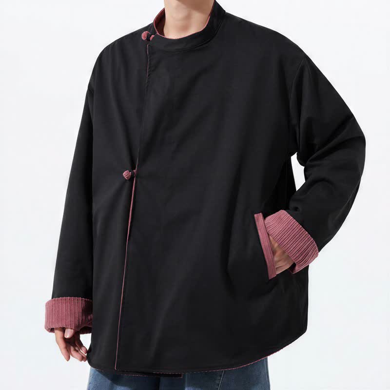 Buddha Stones Fall Winter Casual Tang Style Mandarin Collar Solid Corduroy Reversible Men's Jackets With Pocket - image 16