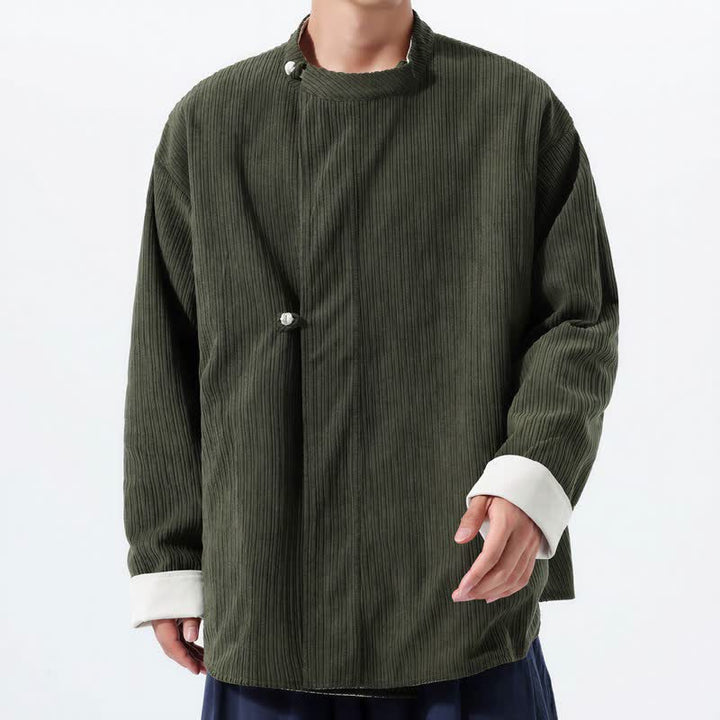 Buddha Stones Fall Winter Casual Tang Style Mandarin Collar Solid Corduroy Reversible Men's Jackets With Pocket - DarkOliveGreen - US/UK/AU46，EU56 (5XL) - image 0