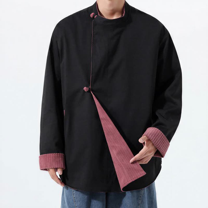 Buddha Stones Fall Winter Casual Tang Style Mandarin Collar Solid Corduroy Reversible Men's Jackets With Pocket - image 17