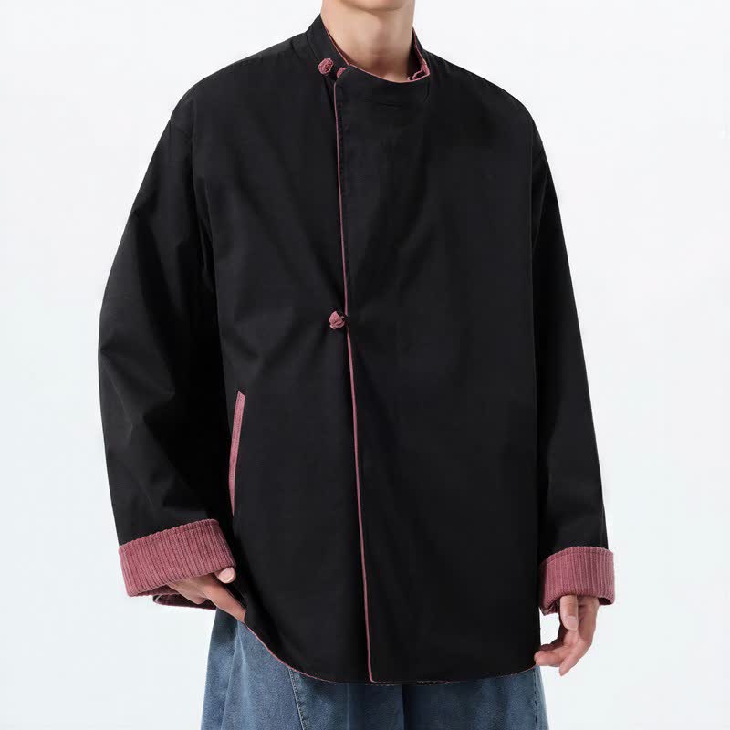 Buddha Stones Fall Winter Casual Tang Style Mandarin Collar Solid Corduroy Reversible Men's Jackets With Pocket - image 15