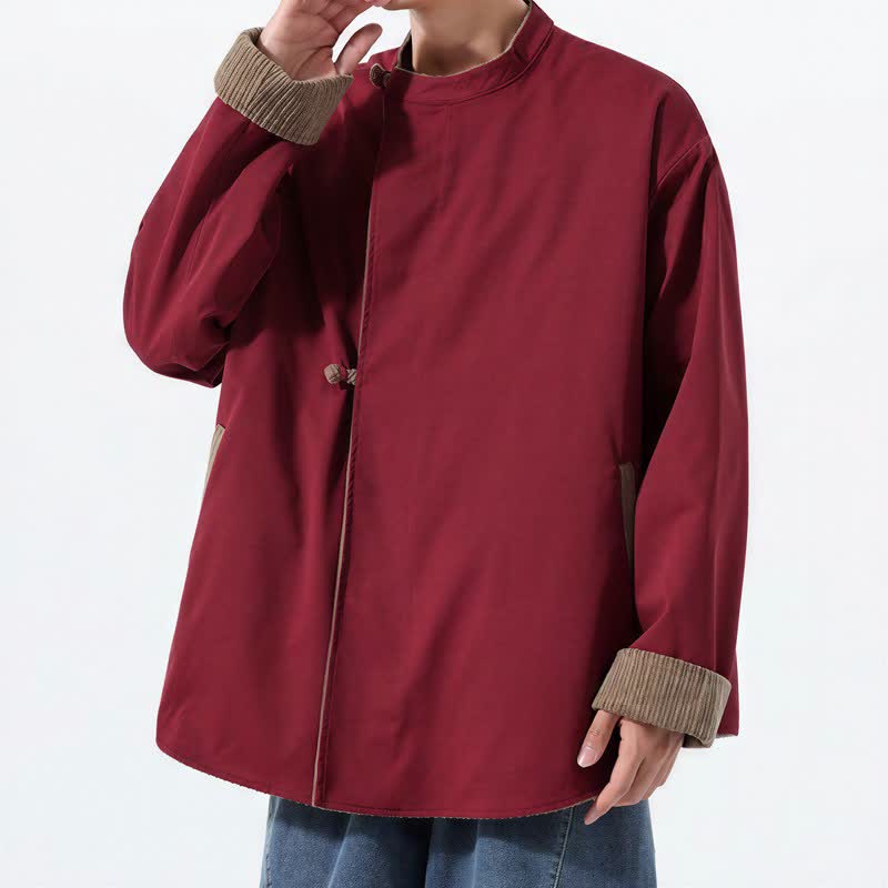 Buddha Stones Fall Winter Casual Tang Style Mandarin Collar Solid Corduroy Reversible Men's Jackets With Pocket - image 24
