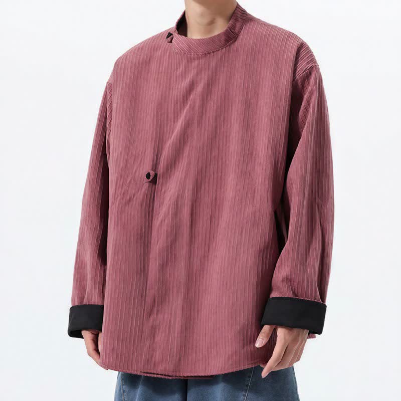 Buddha Stones Fall Winter Casual Tang Style Mandarin Collar Solid Corduroy Reversible Men's Jackets With Pocket - image 14