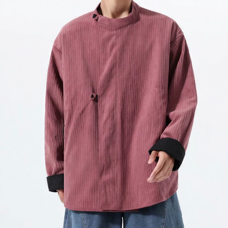 Buddha Stones Fall Winter Casual Tang Style Mandarin Collar Solid Corduroy Reversible Men's Jackets With Pocket - image 12