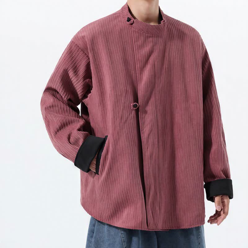 Buddha Stones Fall Winter Casual Tang Style Mandarin Collar Solid Corduroy Reversible Men's Jackets With Pocket - image 13