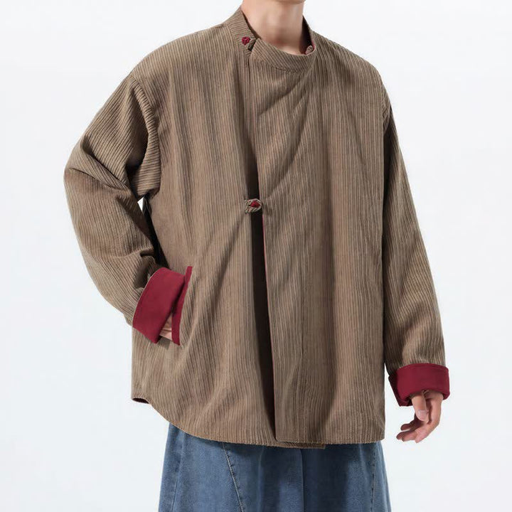 Buddha Stones Fall Winter Casual Tang Style Mandarin Collar Solid Corduroy Reversible Men's Jackets With Pocket - image 19
