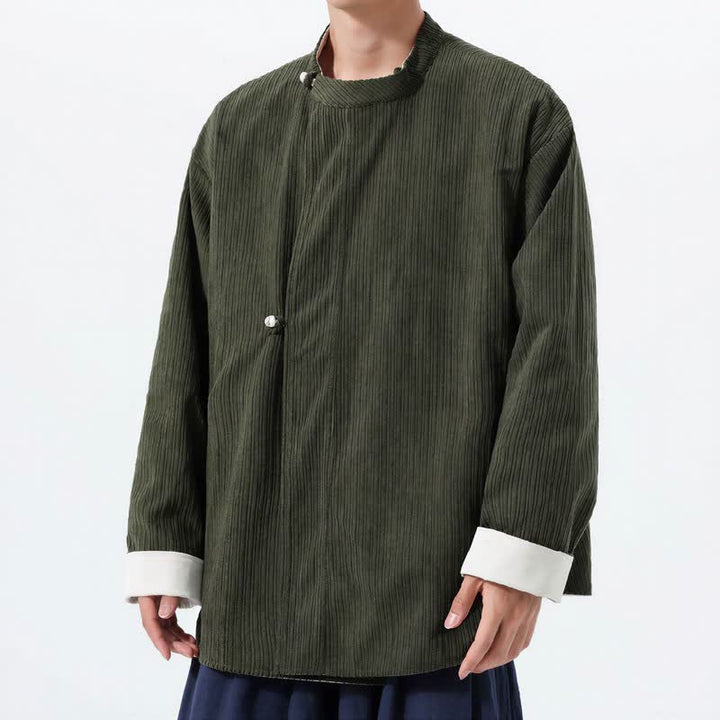 Buddha Stones Fall Winter Casual Tang Style Mandarin Collar Solid Corduroy Reversible Men's Jackets With Pocket - image 3