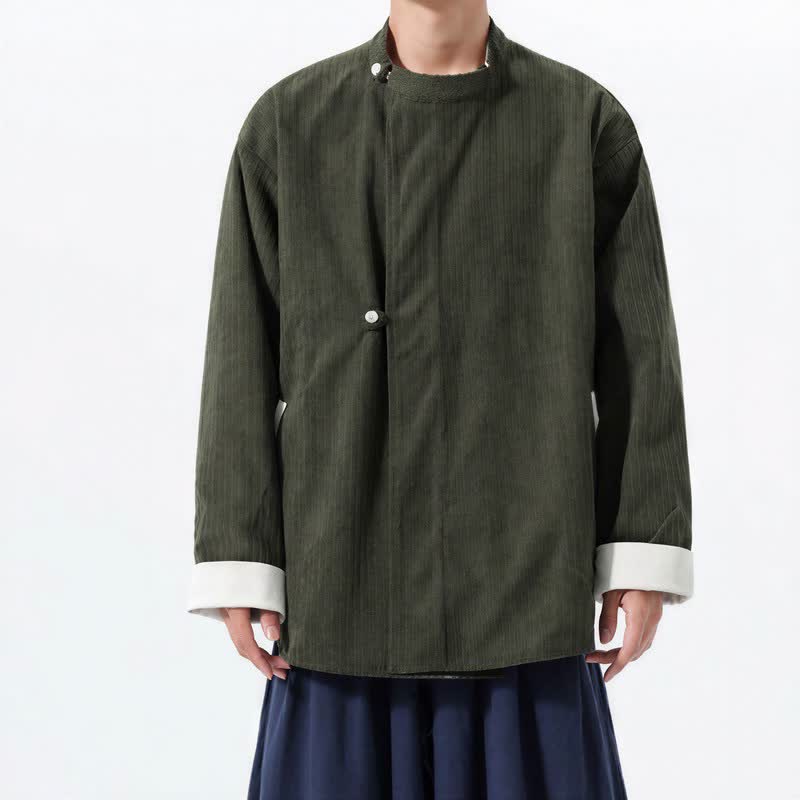 Buddha Stones Fall Winter Casual Tang Style Mandarin Collar Solid Corduroy Reversible Men's Jackets With Pocket - image 1