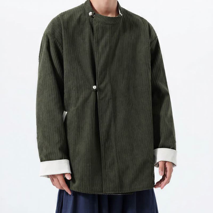 Buddha Stones Fall Winter Casual Tang Style Mandarin Collar Solid Corduroy Reversible Men's Jackets With Pocket - image 2