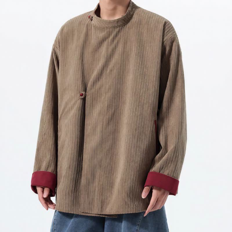 Buddha Stones Fall Winter Casual Tang Style Mandarin Collar Solid Corduroy Reversible Men's Jackets With Pocket - image 20
