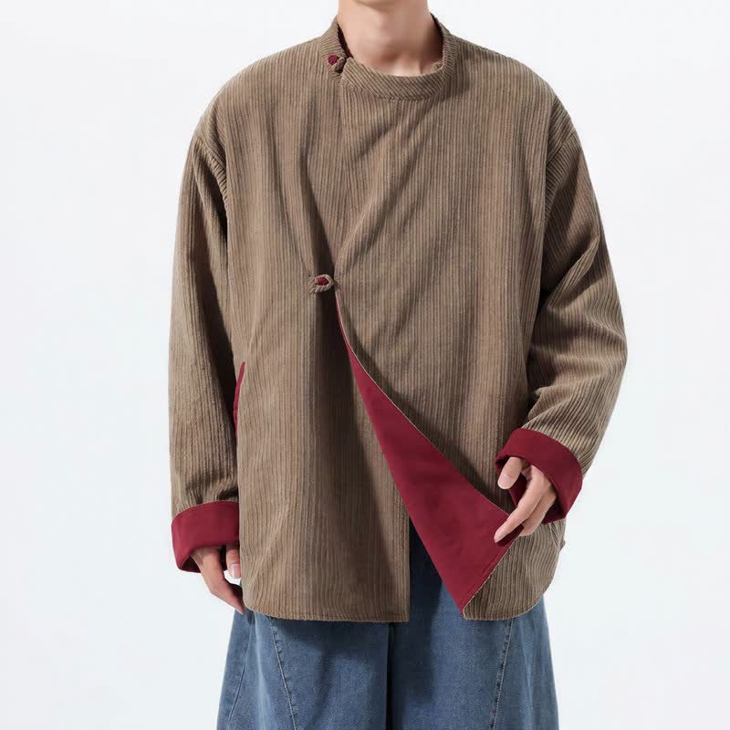 Buddha Stones Fall Winter Casual Tang Style Mandarin Collar Solid Corduroy Reversible Men's Jackets With Pocket - image 21