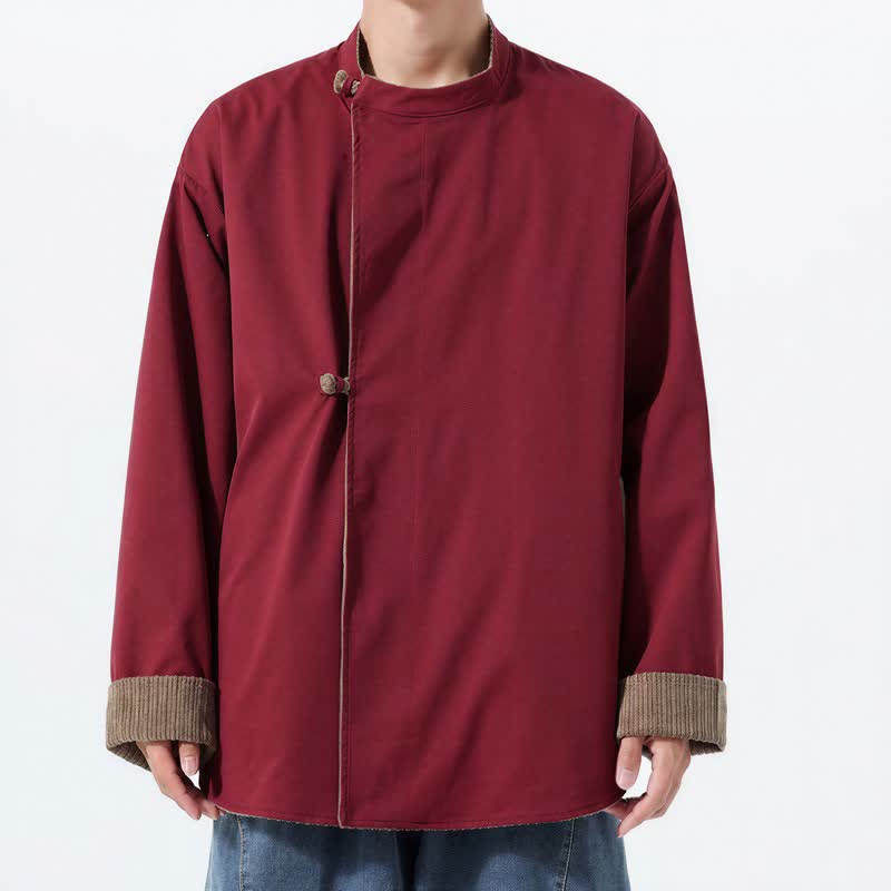 Buddha Stones Fall Winter Casual Tang Style Mandarin Collar Solid Corduroy Reversible Men's Jackets With Pocket - image 22