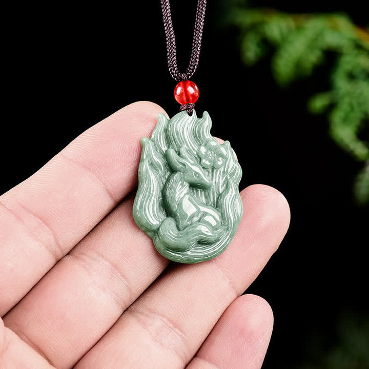 Buddha Stones Jade Nine-Tail Fox Luck Relief Carved Pendant Necklace - image 4