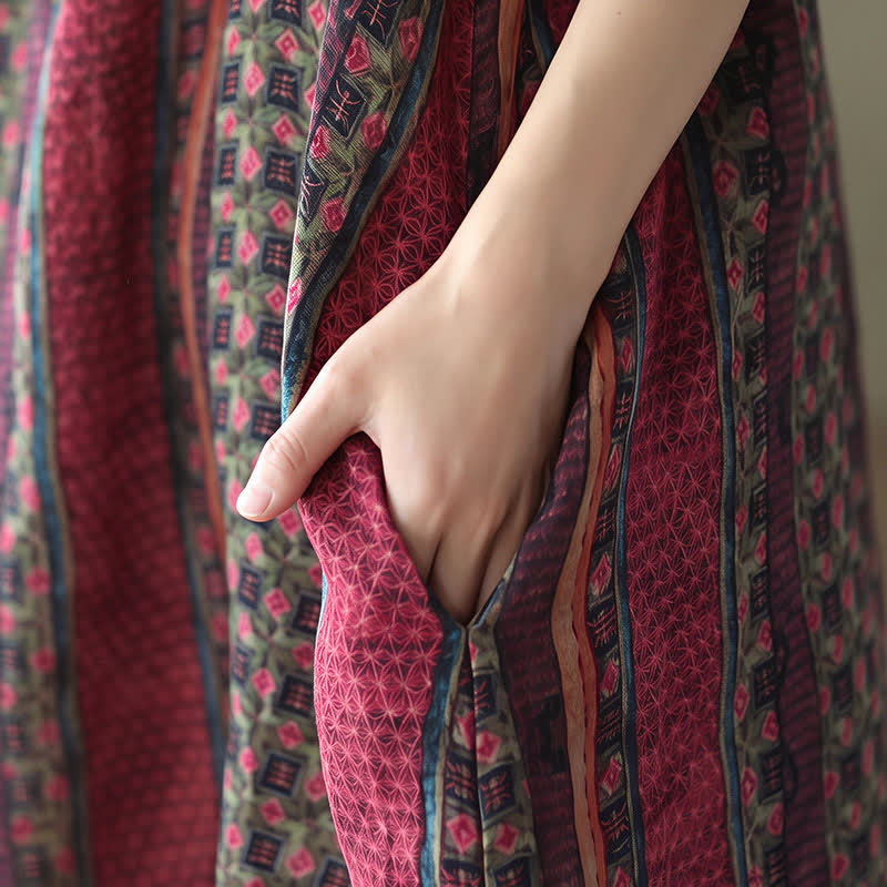 Buddha Stones Spring Fall Retro Boho Button-Up Striped Floral Women's Long Sleeve Dresses With Pocket - image 23