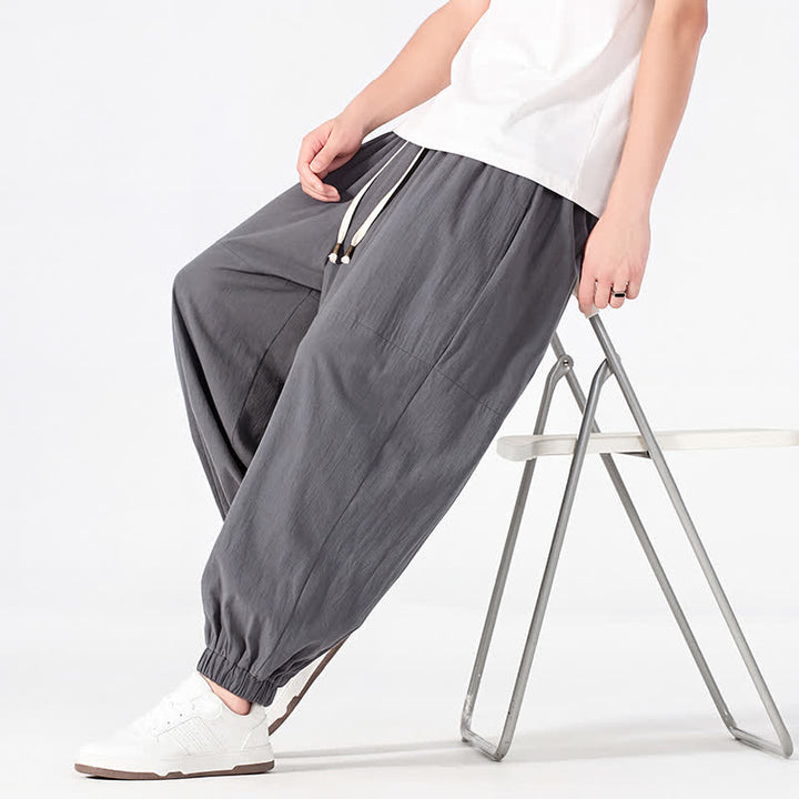 Buddha Stones Spring Summer Casual Minimalist Drawstring Solid Cotton Linen Ankle Pants Men's Harem Pants With Pocket - image 16