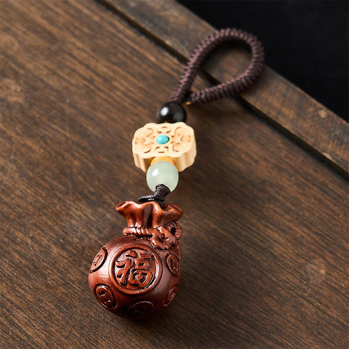 Buddha Stones Red Sandalwood Green Sandalwood Om Mani Padme Hum Blessing Chinese Coin Money Bag Design Serenity Keychains - image 2