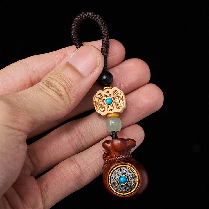 Buddha Stones Red Sandalwood Green Sandalwood Om Mani Padme Hum Blessing Chinese Coin Money Bag Design Serenity Keychains - image 4