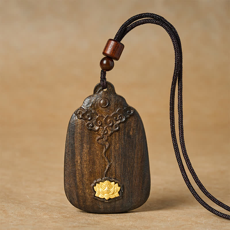 Buddha Stones Sappanwood Auspicious Clouds Lotus Carved New Beginnings Pendant Necklace - Cloud Lotus Blessing - image 0