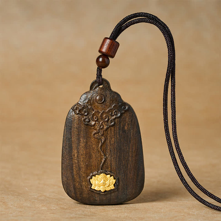 Buddha Stones Sappanwood Auspicious Clouds Lotus Carved New Beginnings Pendant Necklace - Cloud Lotus Blessing - image 0