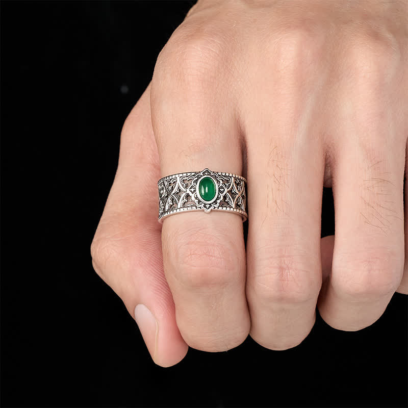 Buddha Stones Vintage Green Agate Balance Engraved Open Ring - image 4