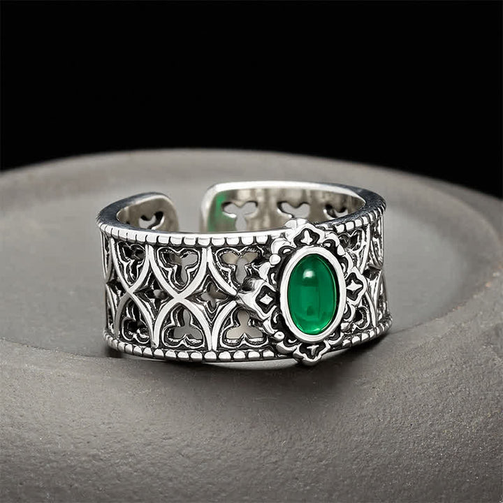 Buddha Stones Vintage Green Agate Balance Engraved Open Ring - Approx. 18-20mm(US 8-US 10) - image 0