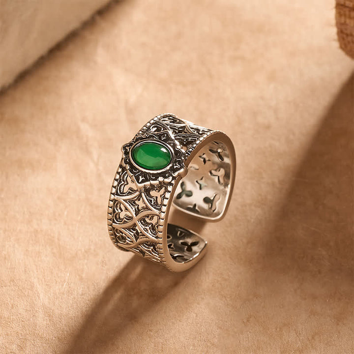Buddha Stones Vintage Green Agate Balance Engraved Open Ring - image 1