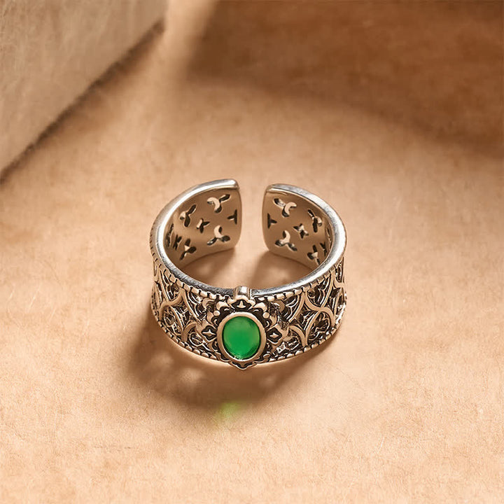 Buddha Stones Vintage Green Agate Balance Engraved Open Ring - image 2