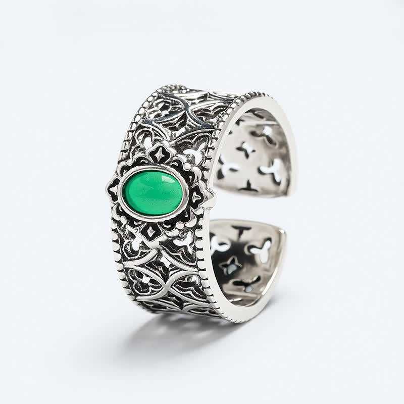 Buddha Stones Vintage Green Agate Balance Engraved Open Ring - image 5