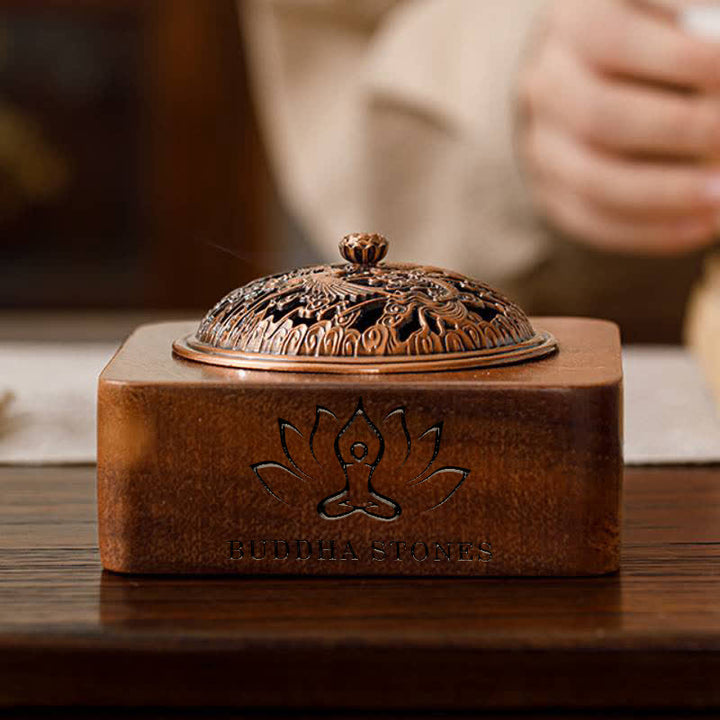 Buddha Stones Peach Wood Dragon Phoenix Protection Square Incense Burners - image 5